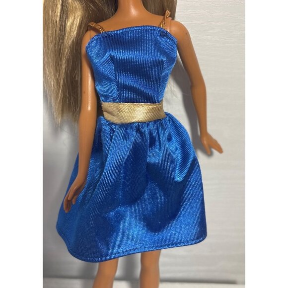 1999 Mattel Barbie Doll With Blonde Hair Blue Satin Dress Gold Belt Face Paint - Picture 3 of 9